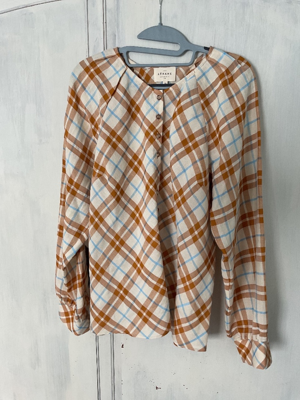 NWOT Sezane Linen Blend Plaid Blouse 42